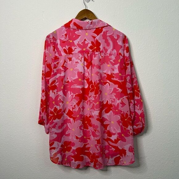 Belle By Kim Gravel Red Pink Abstract Floral Printed V-Neck Blouse Women's Large - Picture 8 of 14